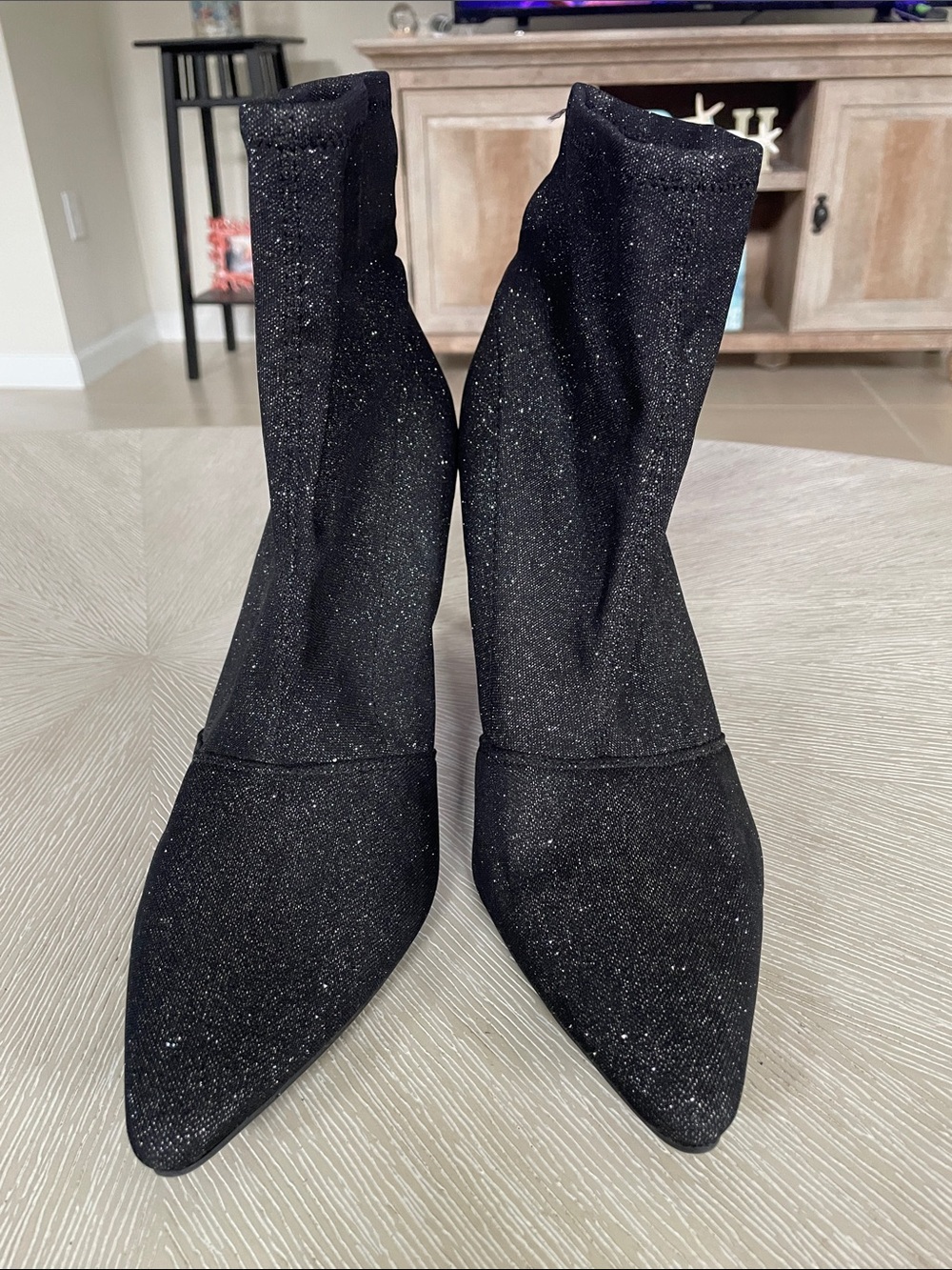 Brash Black Sparkle Pointed Toe Sock Ankle Boots